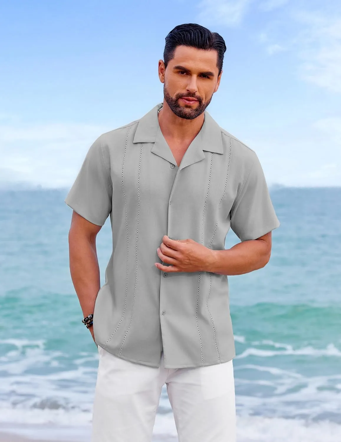 COOFANDY Guayabera Shirts for Men Cuban Short Sleeve Button Down Summer Shirts Linen Shirts