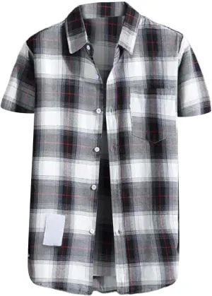 CRNTCEM Mens Short Sleeve Casual Plaid Shirts Cotton Regular Fit Button Down Gingham Shirts Summer Loose Dresses Blouses