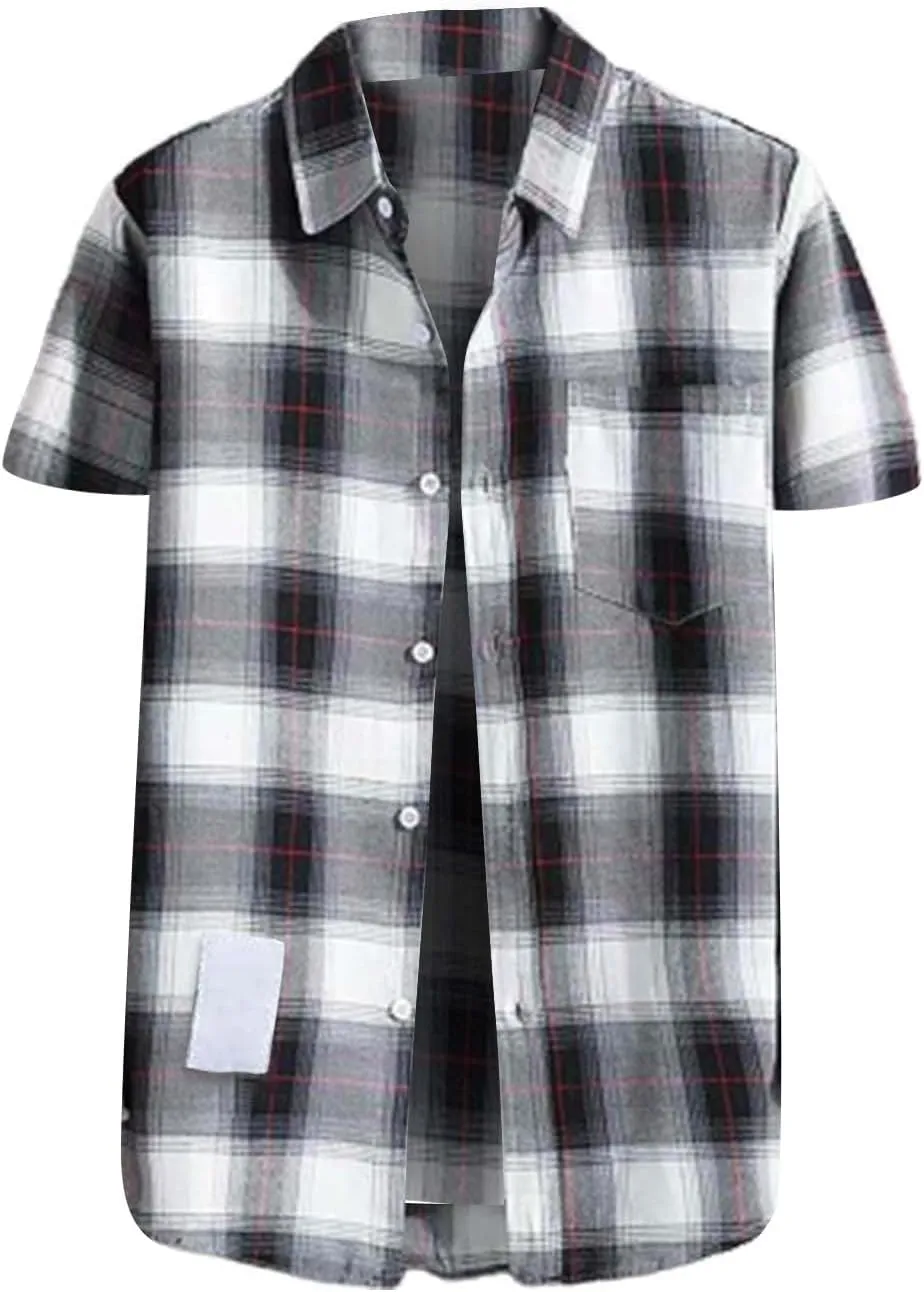 CRNTCEM Mens Short Sleeve Casual Plaid Shirts Cotton Regular Fit Button Down Gingham Shirts Summer Loose Dresses Blouses