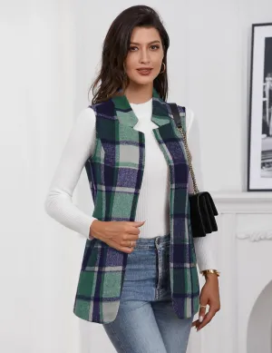 IDEALSANXUN Wool Plaid Vest for Women 2025 Fall Winter Sleeveless Blazer Jackets Trench Coat Casual Outwear Open Front Cardigan Top, Green New, XL