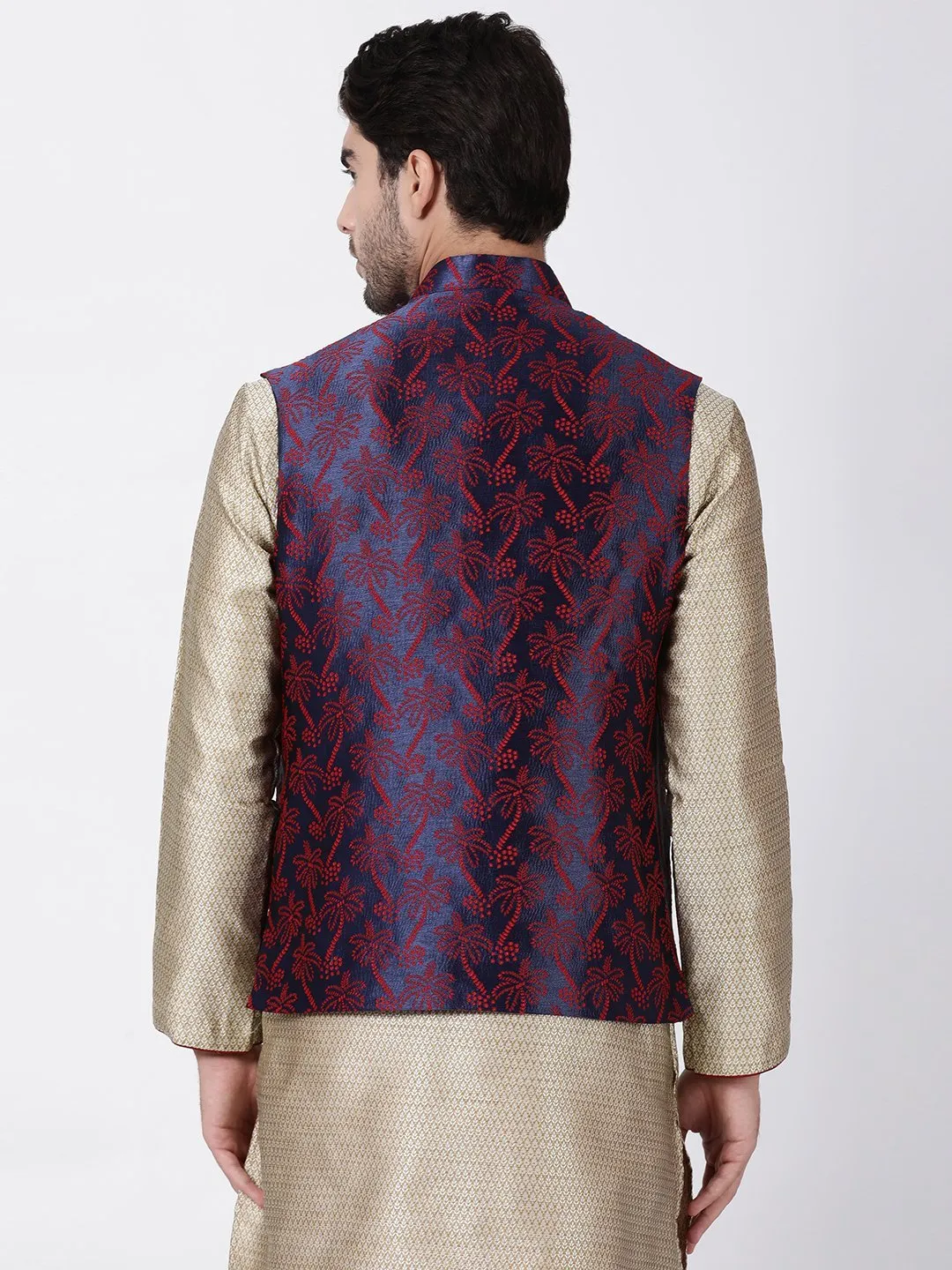 Jashvi Men's Dark Blue and Maroon Cotton Silk Blend Ethnic Jacket