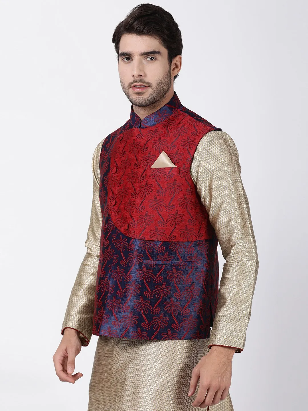 Jashvi Men's Dark Blue and Maroon Cotton Silk Blend Ethnic Jacket