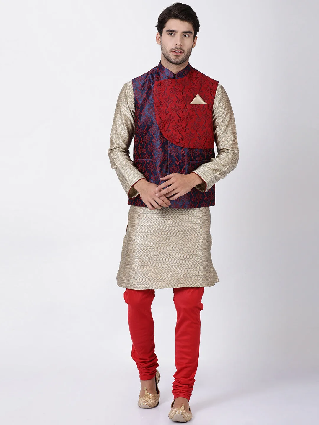 Jashvi Men's Dark Blue and Maroon Cotton Silk Blend Ethnic Jacket