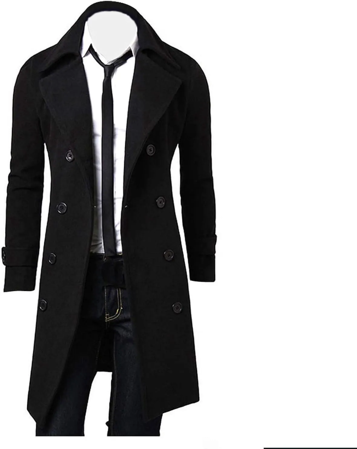 Men's Classic Wool Blend Pea Coat Double Breasted Mid Long Trench Coat Winter Slim Fit Business Pea Jacket Overcoat
