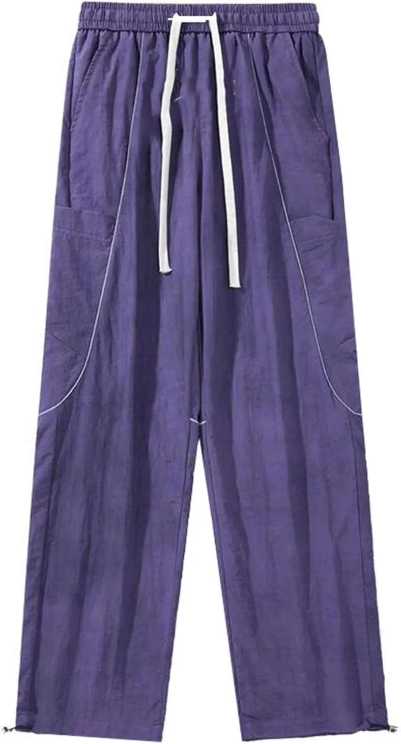 Men's Pant Summer Lightweight Loose Wide Leg Cargo Casual Straight Leg Drawstring Trouser for Men