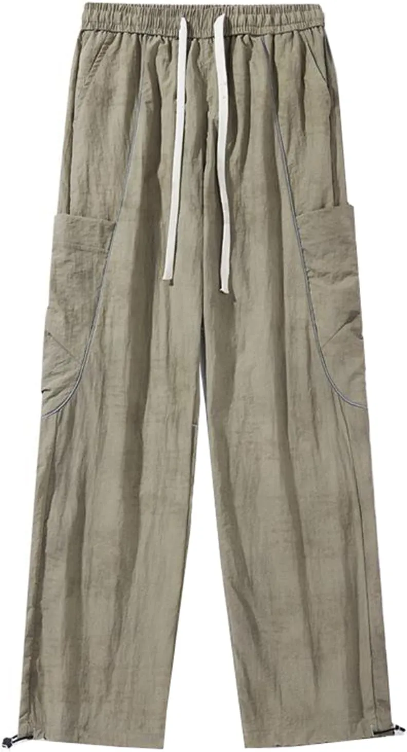 Men's Pant Summer Lightweight Loose Wide Leg Cargo Casual Straight Leg Drawstring Trouser for Men