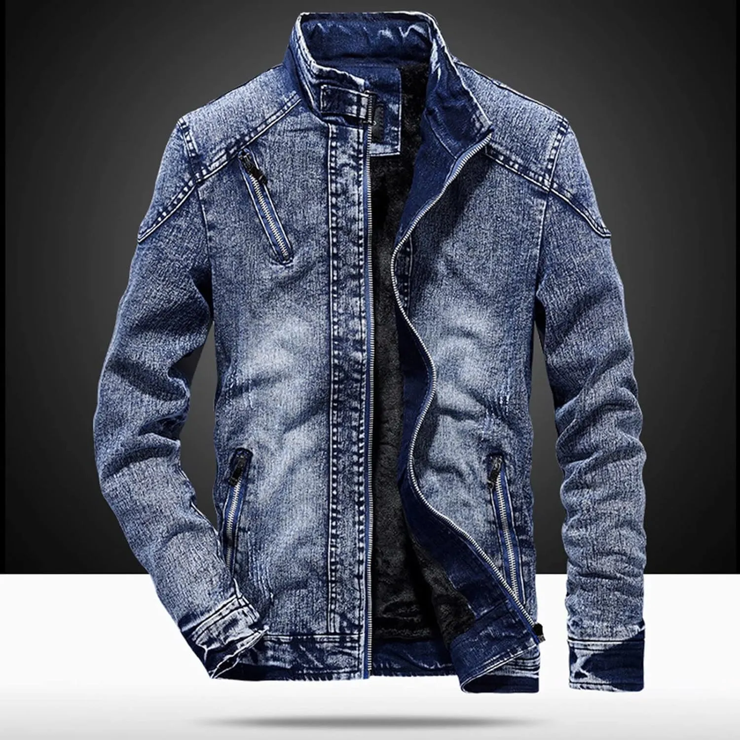 Men's Winter Distressed Denim Jacket Zipper Retro Band Collar Regular Fleece Lined Moto Jacket