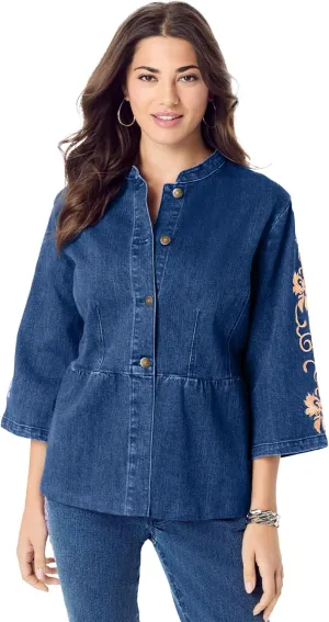 Roaman's Women's Plus Size Embroidered Button Front Peplum Denim Jacket