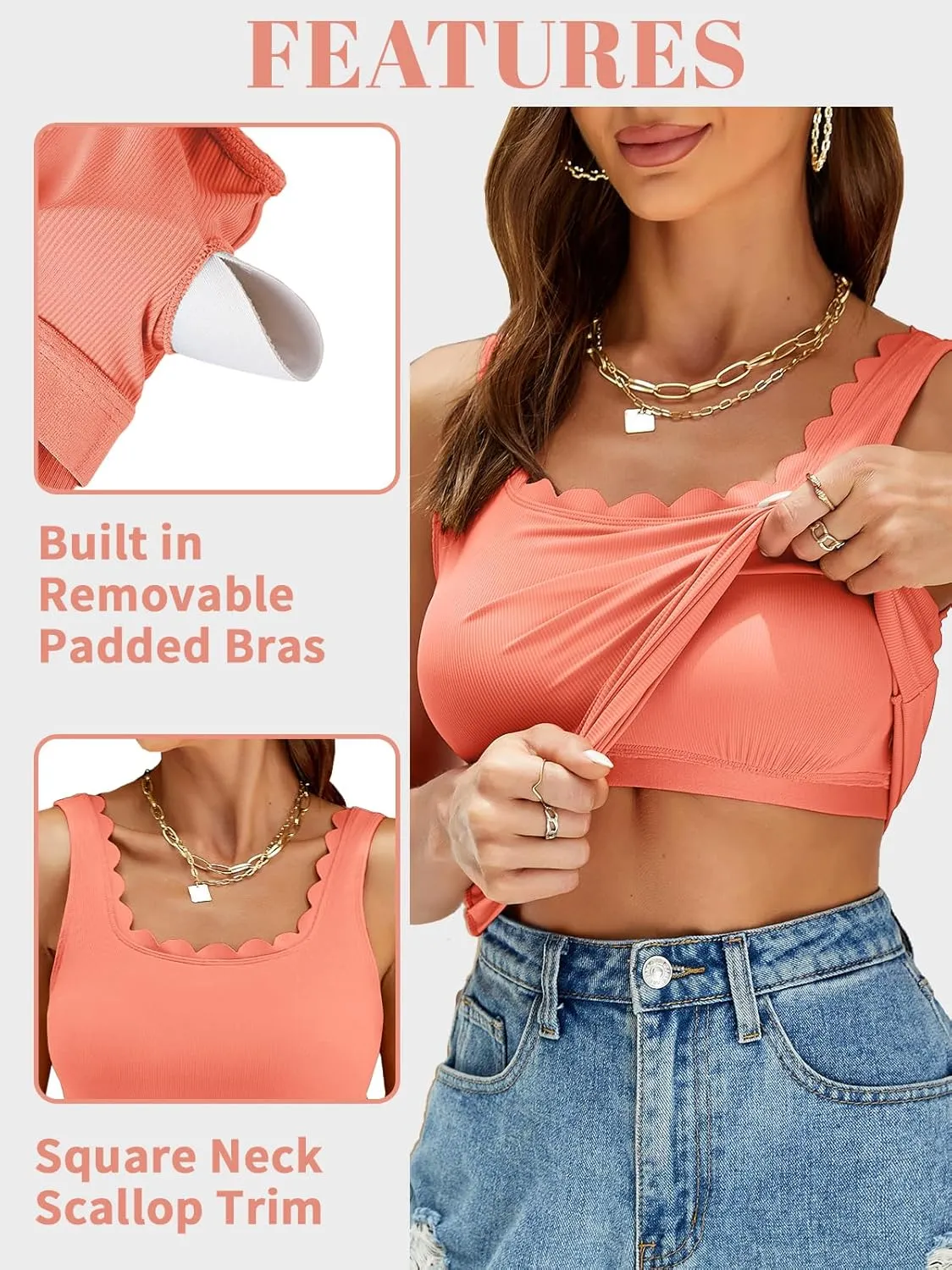 V FOR CITY Women Square Neck Tank Tops with Built in Bras Scallop Trim Fitted Camisole Ribbed Summer Top