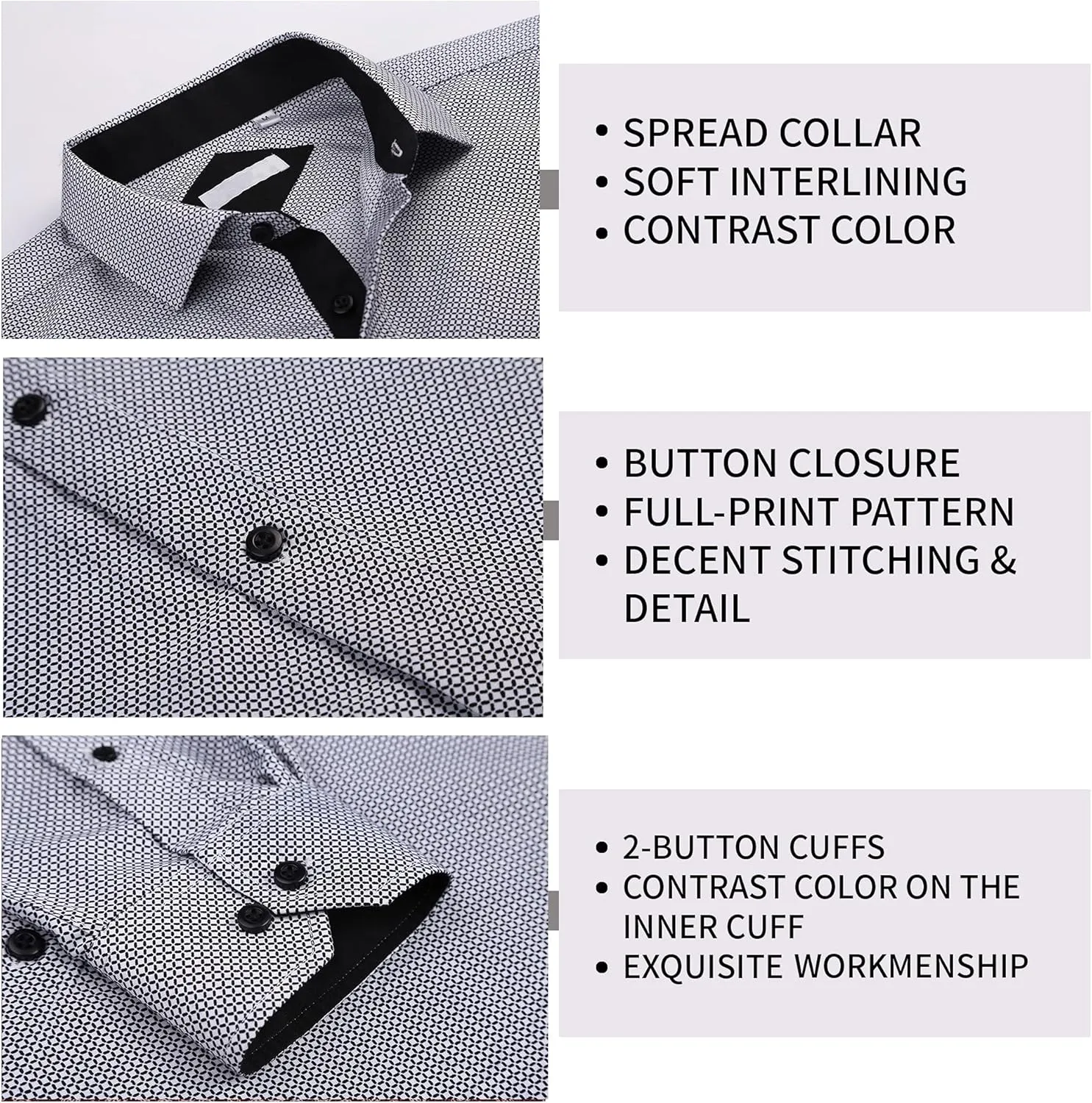 WARHORSEE Mens Casual Button Down Dress Shirts Long Sleeve 4-Way Stretch Collared Printed Business Work Shirt