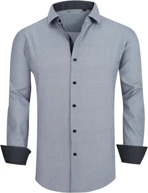 WARHORSEE Mens Casual Button Down Dress Shirts Long Sleeve 4-Way Stretch Collared Printed Business Work Shirt