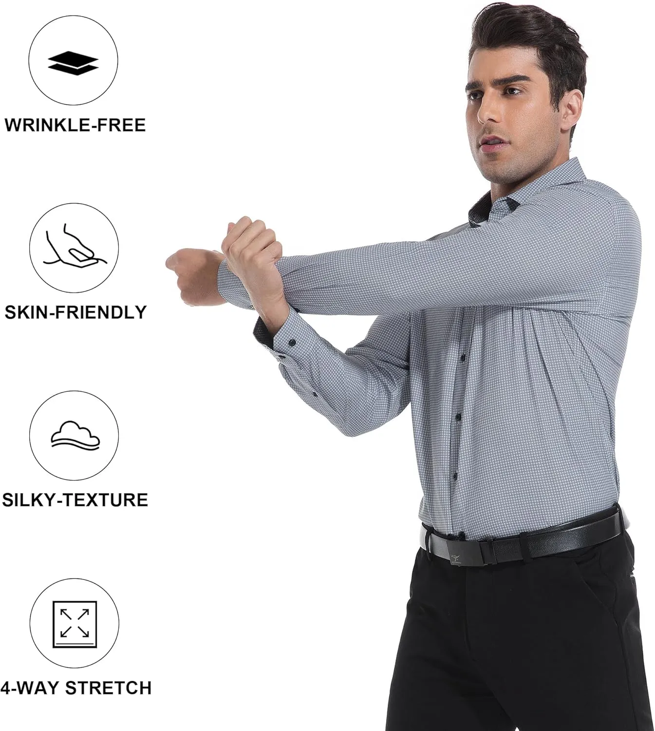 WARHORSEE Mens Casual Button Down Dress Shirts Long Sleeve 4-Way Stretch Collared Printed Business Work Shirt