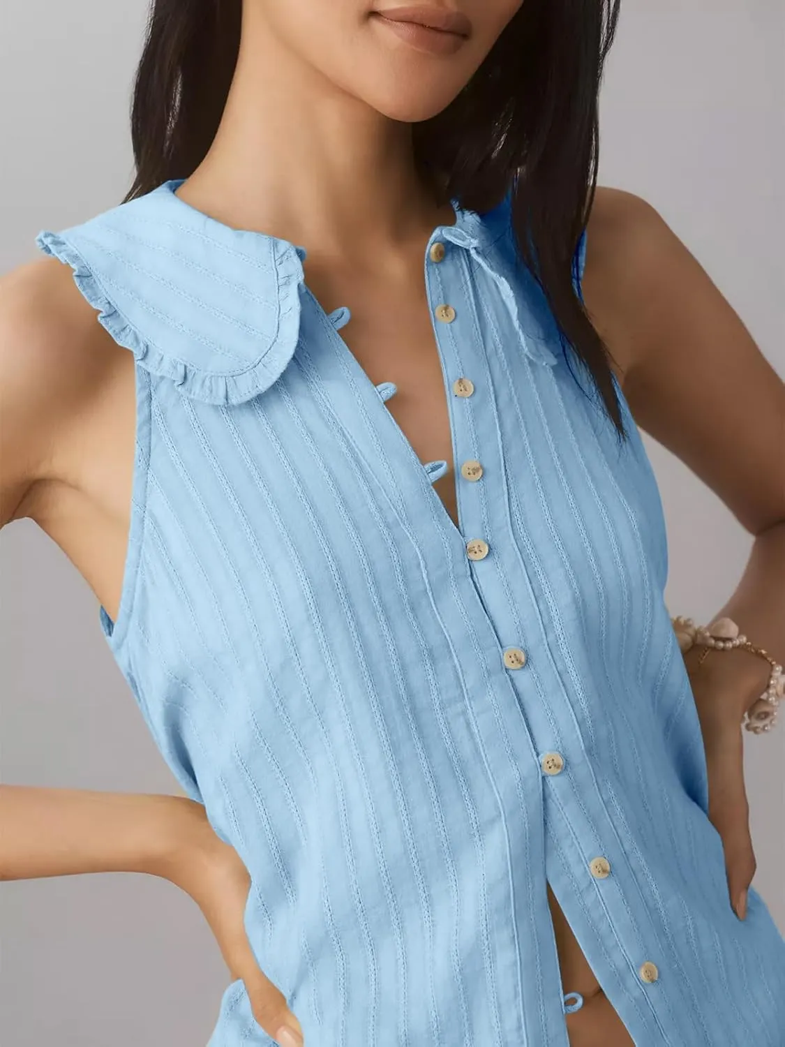 Womens Peter Pan Collar Sleeveless Shirt Summer Eyelet Cotton Button Down Tank Tops Casual Ruffle Flowy Blouse Vest
