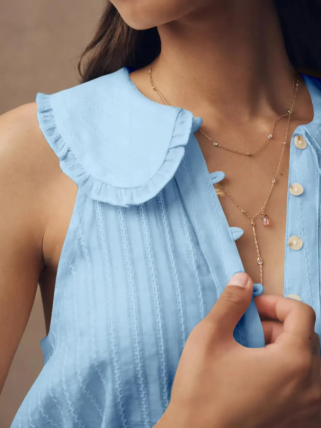 Womens Peter Pan Collar Sleeveless Shirt Summer Eyelet Cotton Button Down Tank Tops Casual Ruffle Flowy Blouse Vest